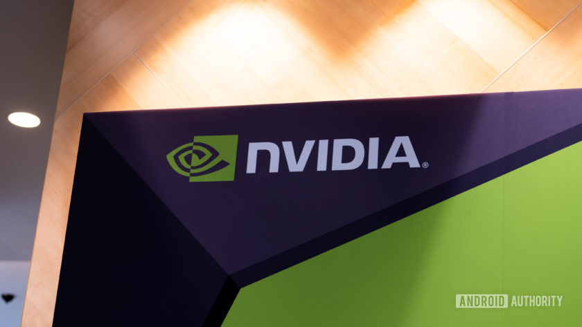NVIDIA Logo in white, green and black, projected on a wall.