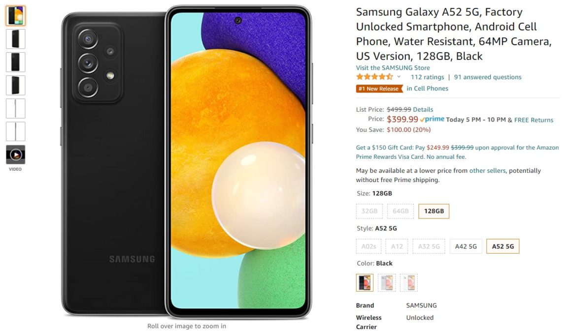 Samsung Galaxy A52 5G Amazon Deal