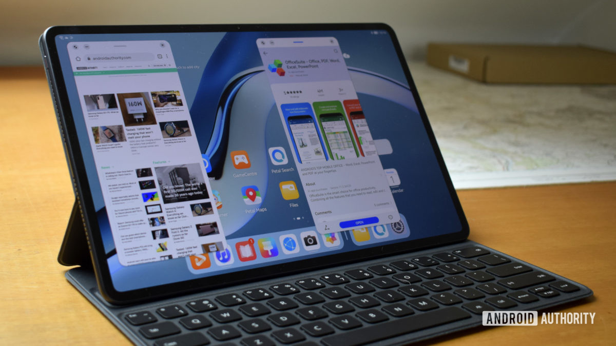 The Huawei MatePad Pro 2021 with keyboard case showing app windows