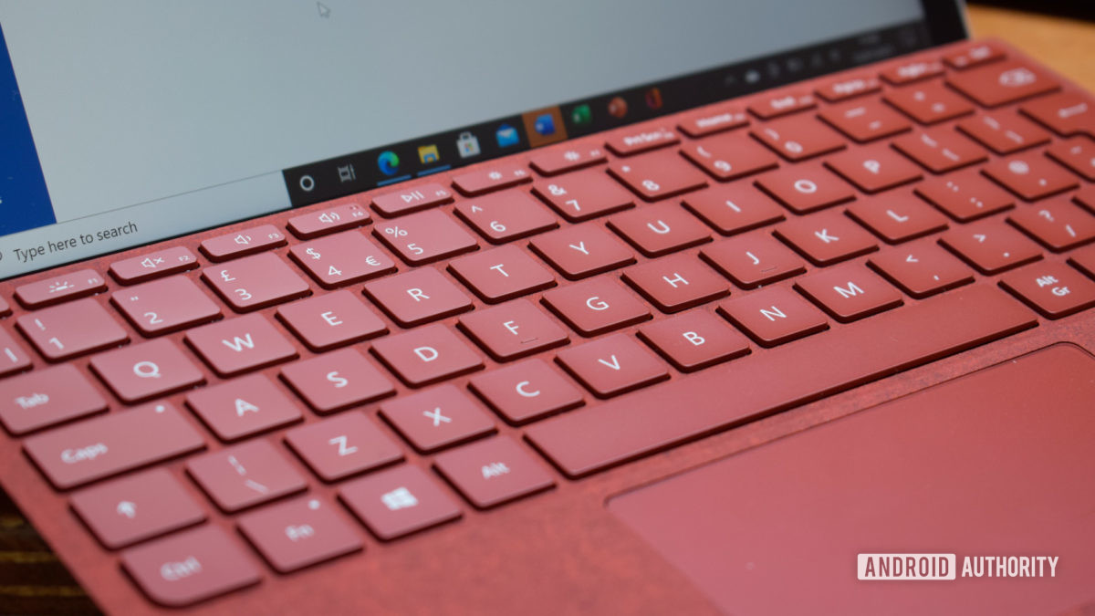 Close up of a red Microsoft Surface Go 2 Type Cover keyboard