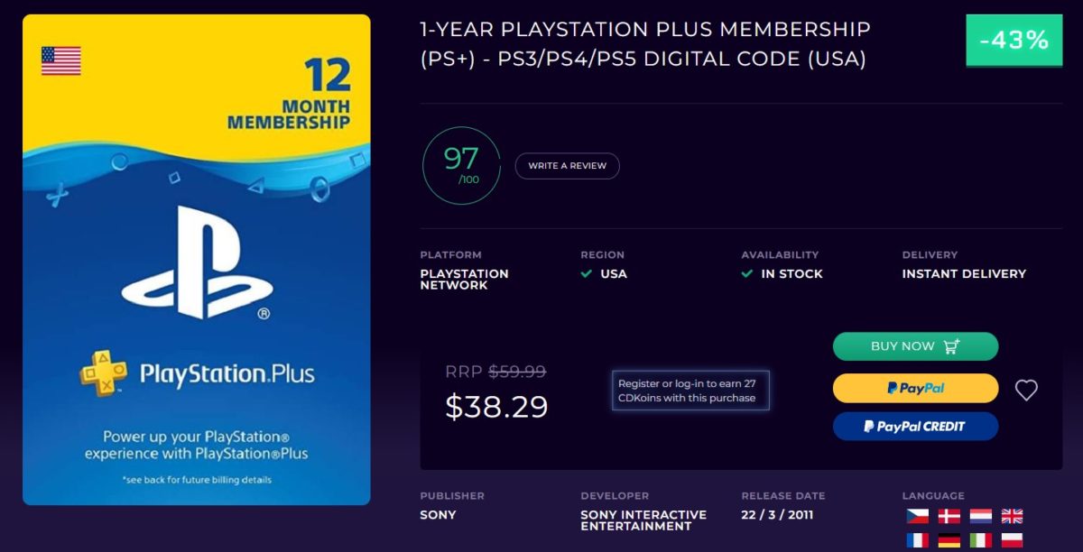 PlayStation Plus one year Membership CD Keys PS4 Deals