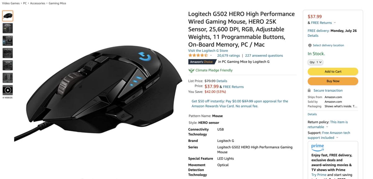 Logitech G502 Hero Mouse Deal