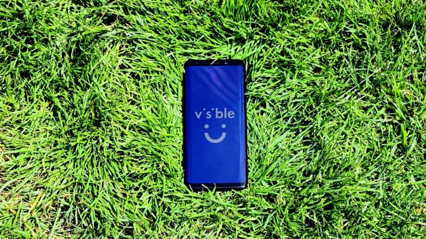 A Samsung Galaxy S9 on some grass with the Visible logo on the display.