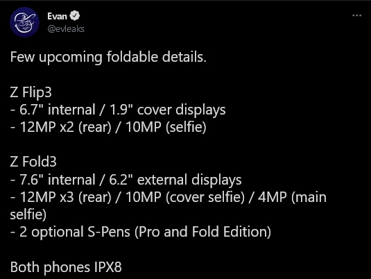 evan blass galaxy z fold 3 screen camera tweet