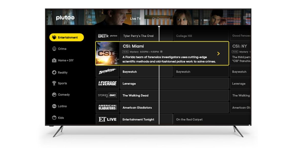 Pluto TV on a smart TV showing available content.