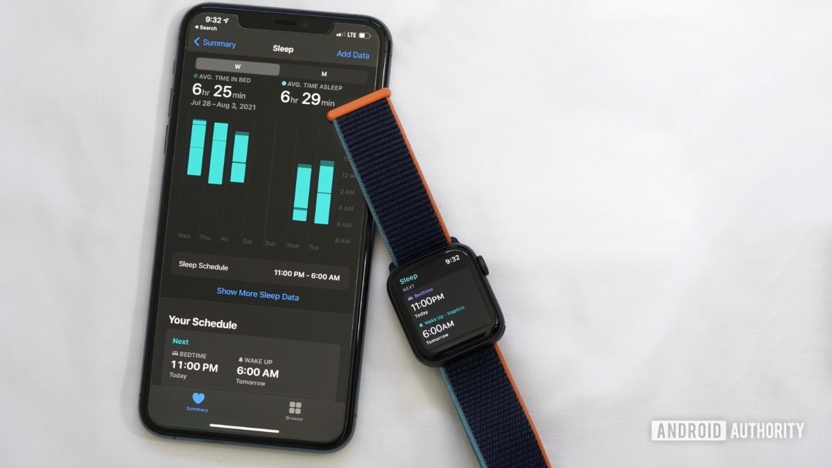 An Apple Watch Series 6 and an iPhone 11 display functions of the Sleep app on Apple Watch