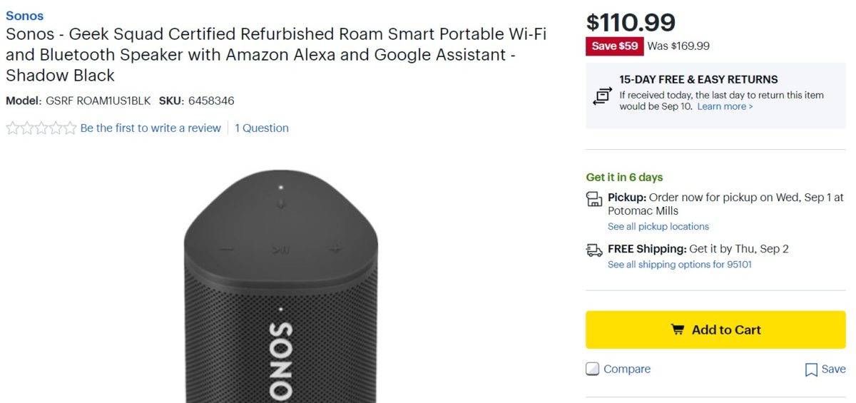 Geek Squad Certified Rerbished Sonos Roam Best Buy Deal