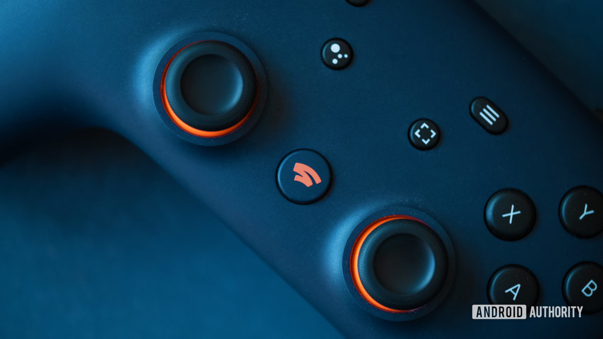 Google Stadia controller on table close up shot.