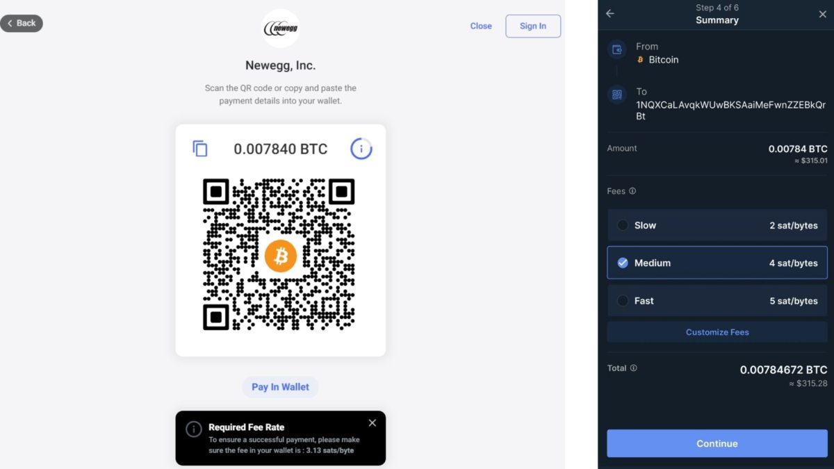 Screenshot displaying Newegg checkout with crypto QR code