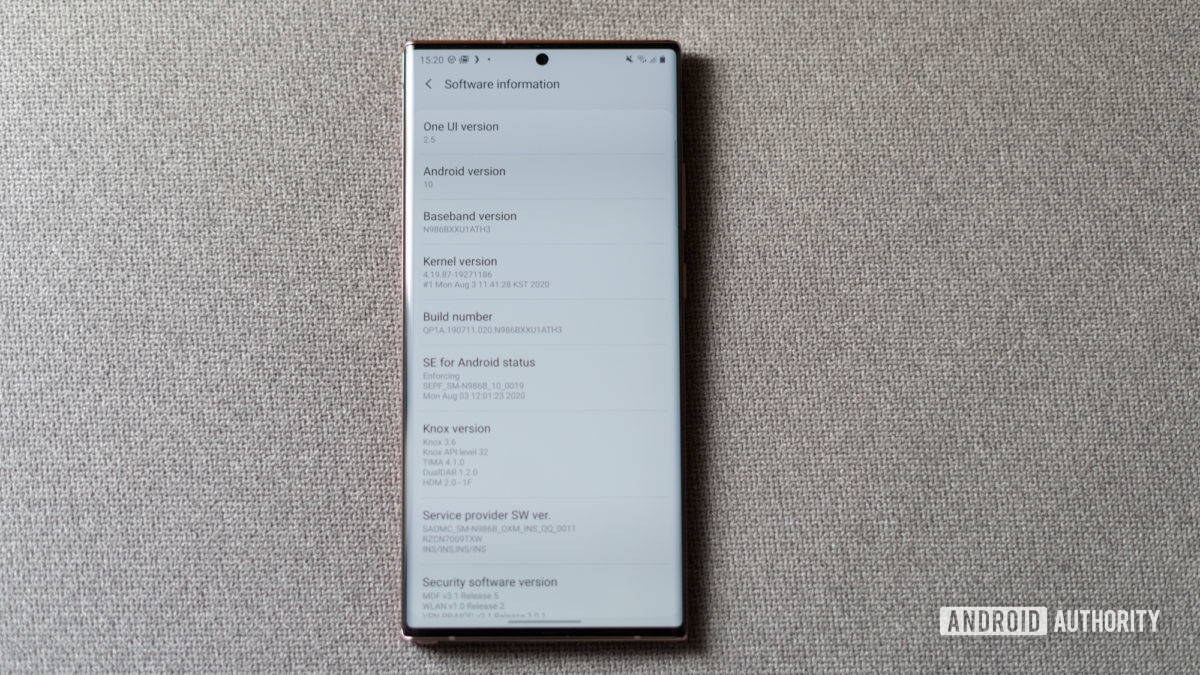 Settings page of a Samsung Galaxy Note 20 Ultra showing One UI 2.5 software version