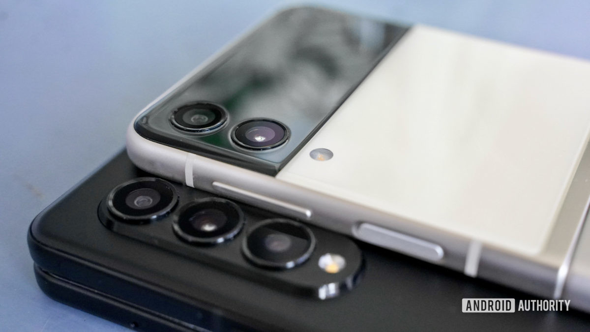 Samsung Galaxy Z Fold vs Z Flip camera closeup showing the rear camera module on both phones.