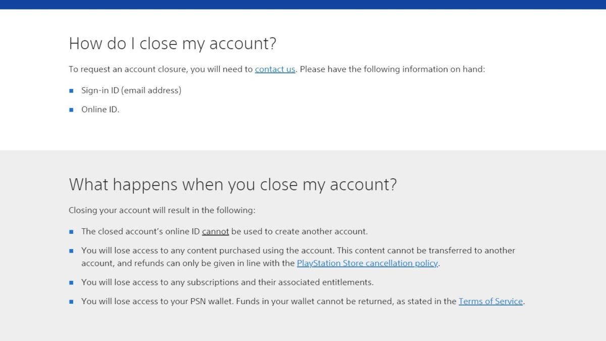 Sony account closure support page