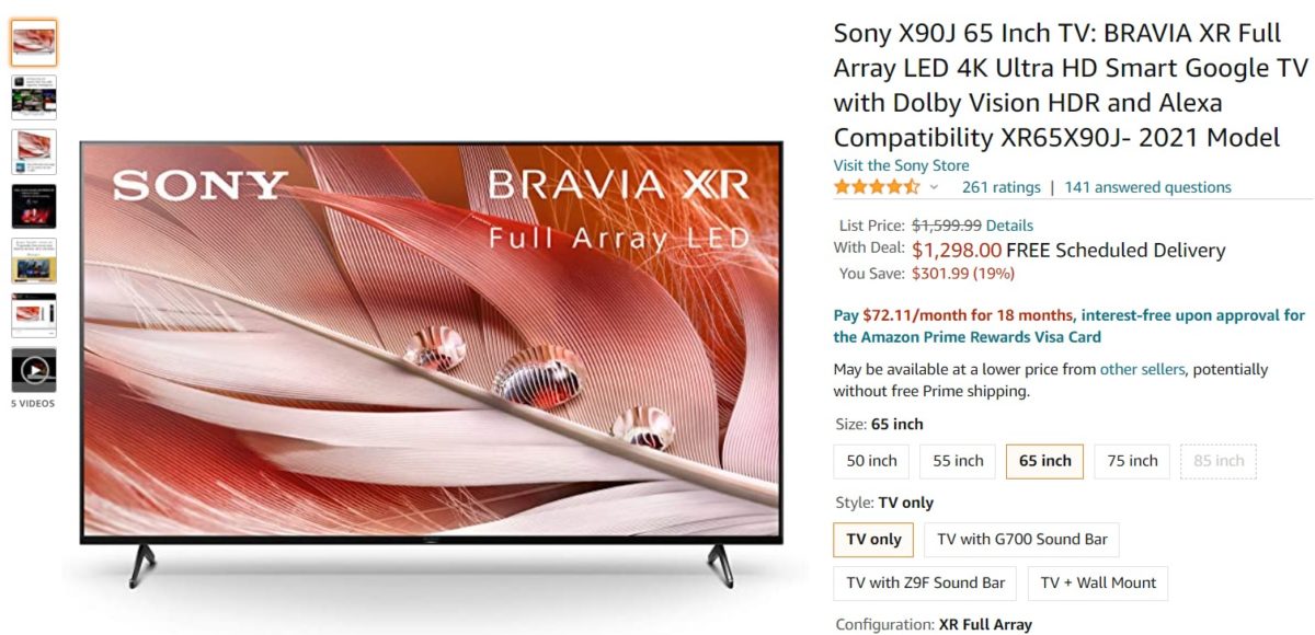 Sony X90J 65 Inch Bravia XR 4K UHD Smart Google TV Amazon Deal