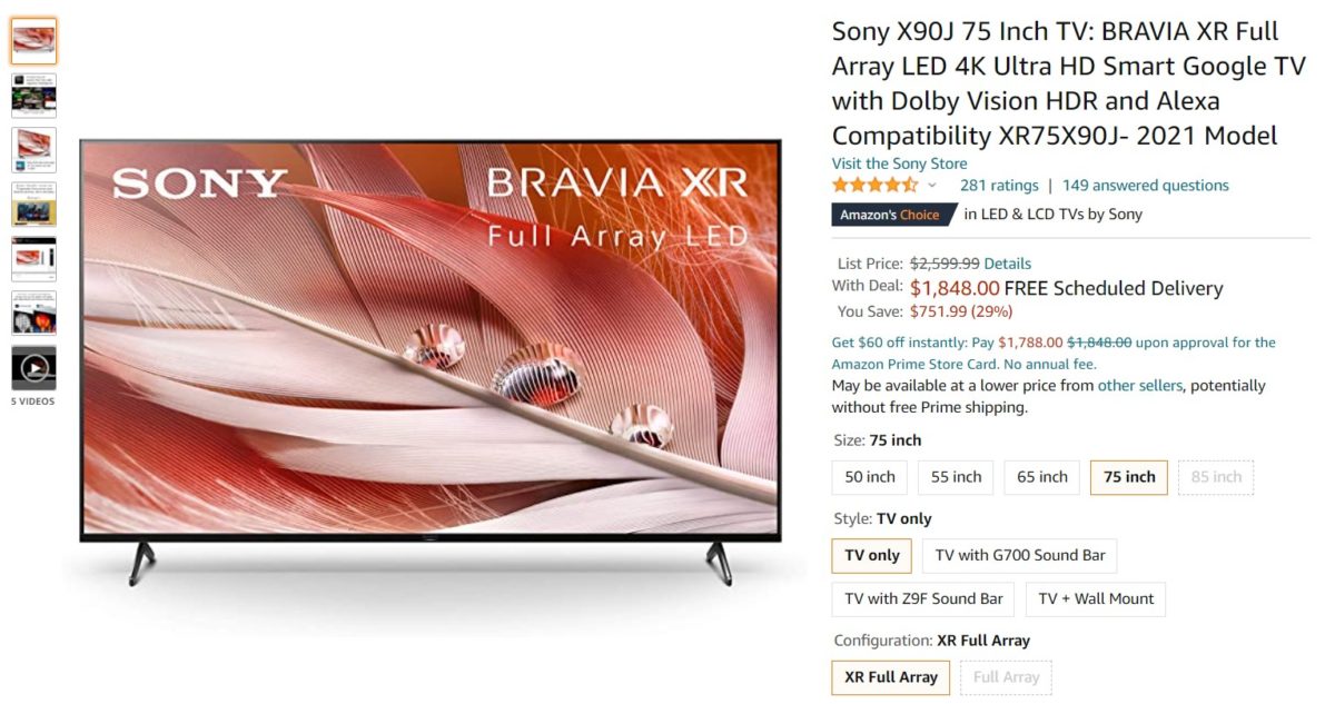 Sony X90J 75 Inch Bravia XR 4K UHD Smart Google TV Amazon Deal