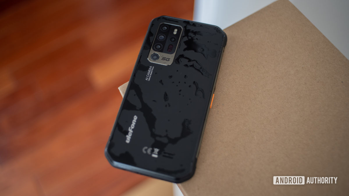 Ulefone Armor 11 5G rear view with water on the casing.