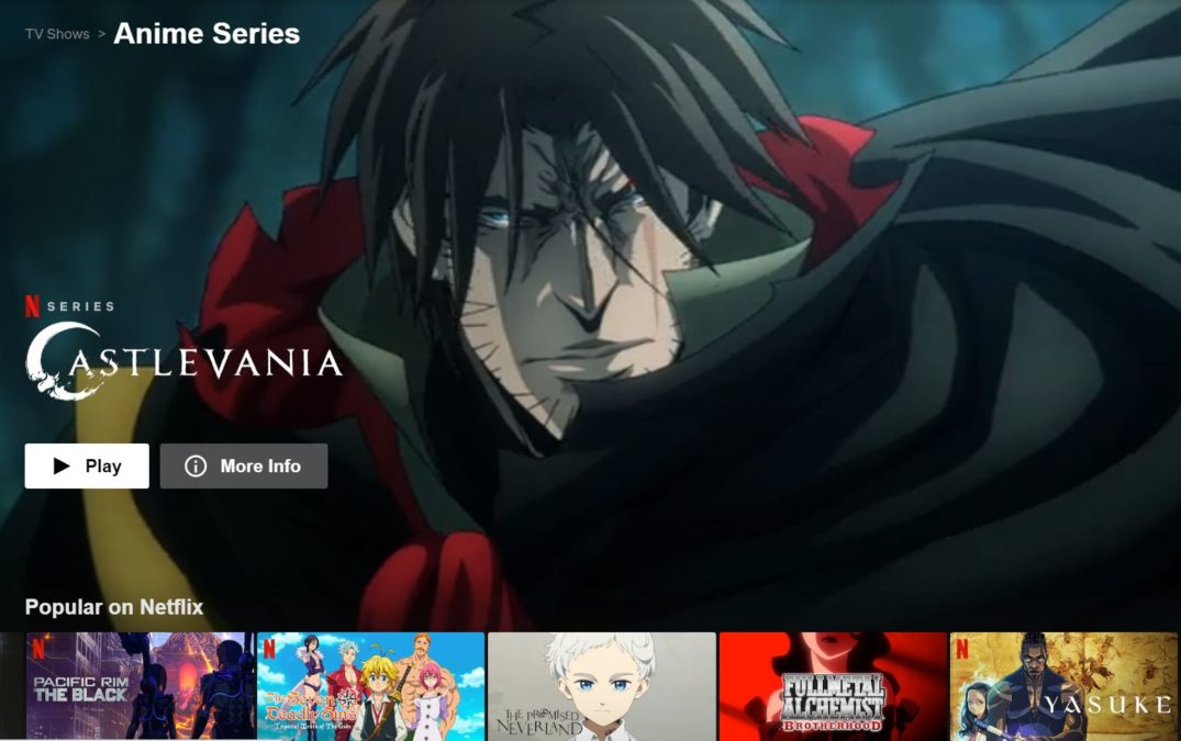 Netflix Anime Series showing Castlevania and other Popular on Netflix titles.