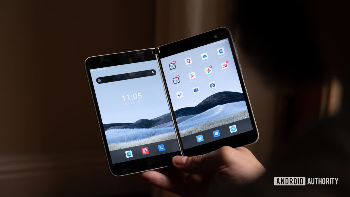 Microsoft Surface Duo open in hand screen