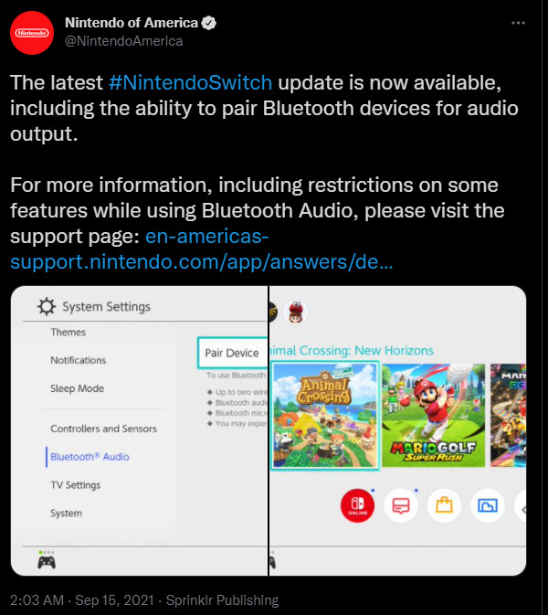 Nintendo Switch Bluetooth audio twitter