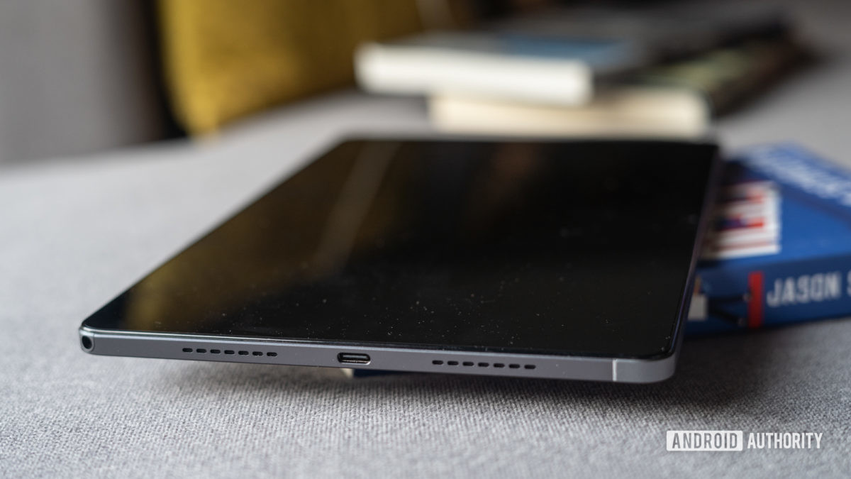 Realme Pad tablet review side profile showing USB C and headphone jack