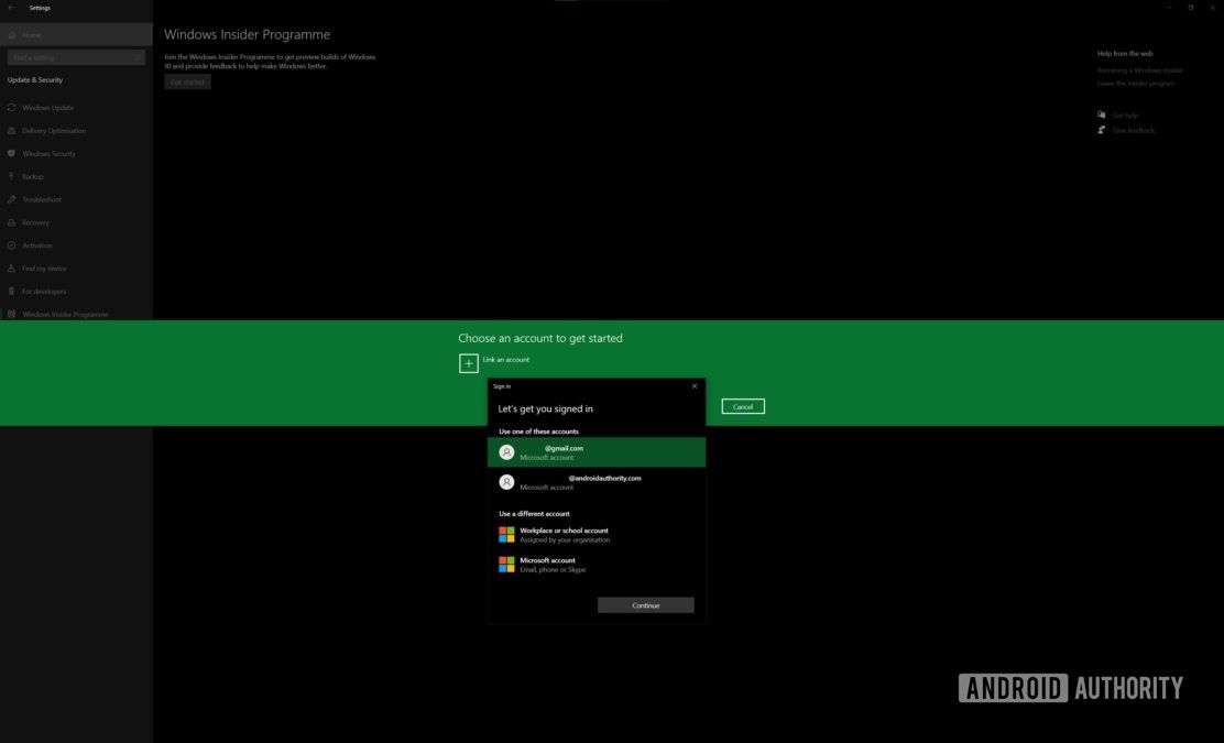 Windows Insider Program link account selection