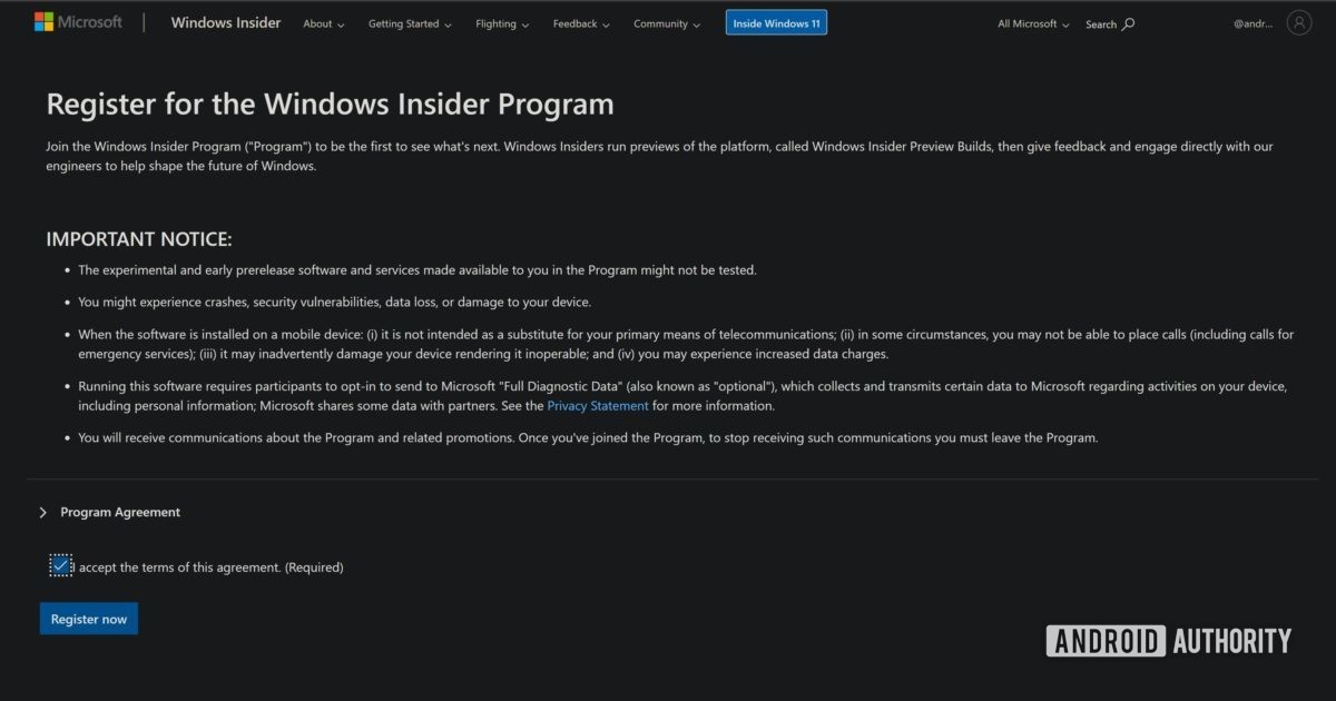 Windows Insider Program registration page