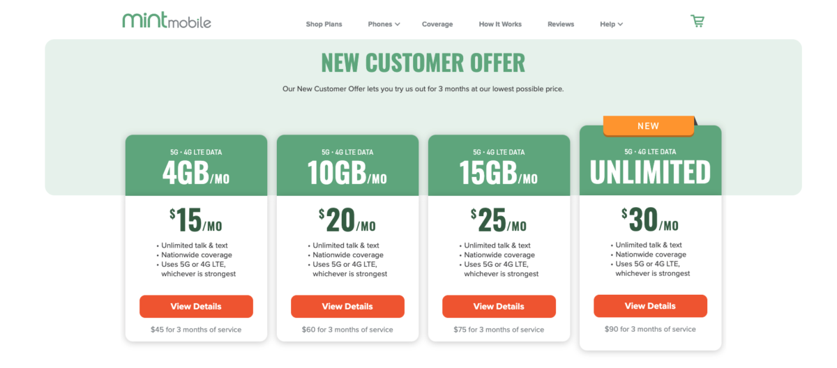 mint mobile plans screenshot