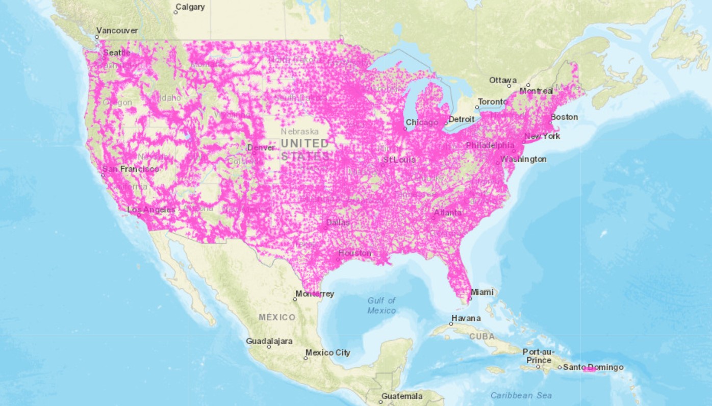 T-Mobile's LTE coverage map according to the FCC