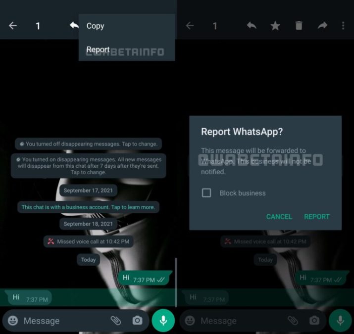 wabetainfo whatsapp message reporting
