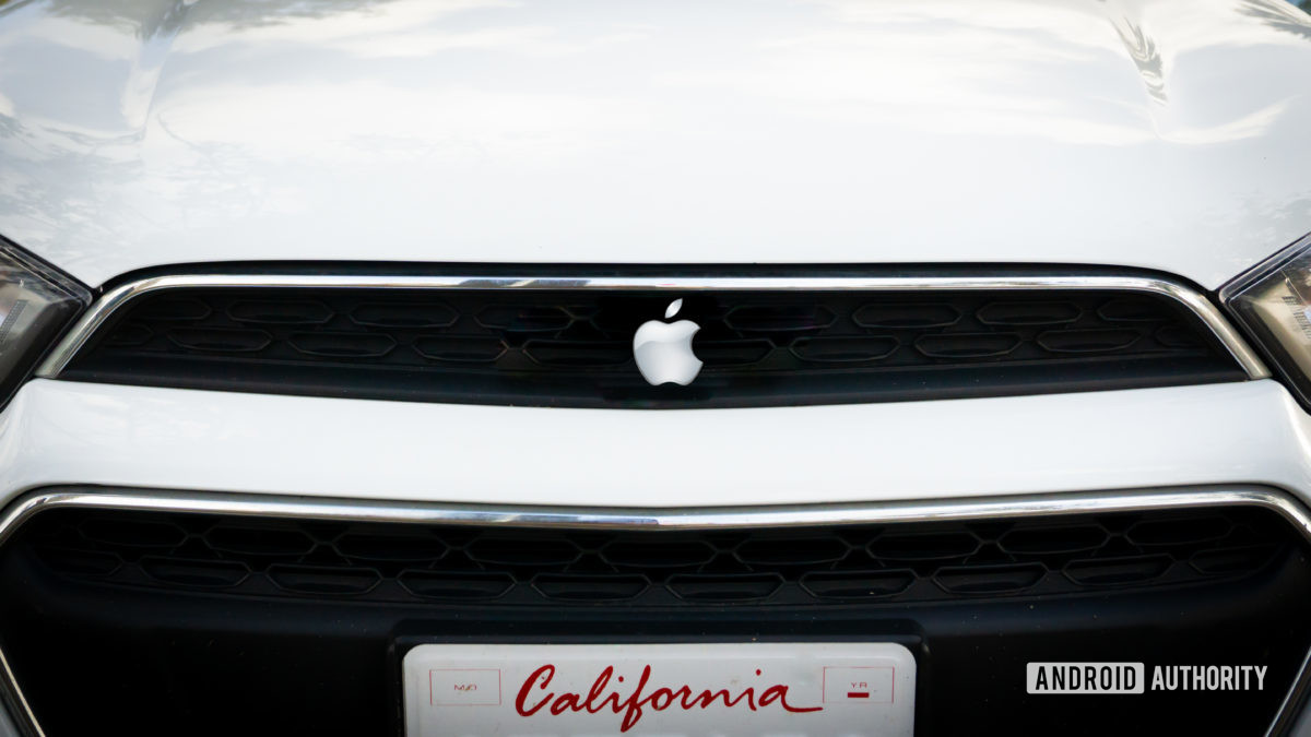 Apple Car Mockup showing front closeup of vehicle with the Apple logo.