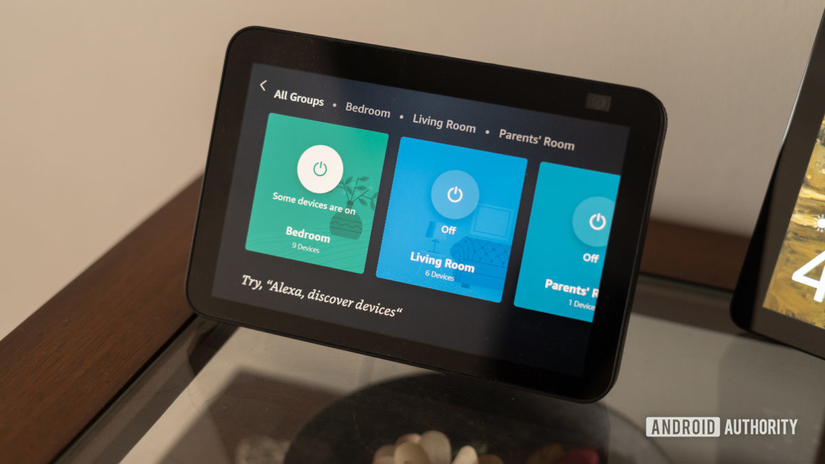 Amazon Echo Show 8 side profile with smarthome controls