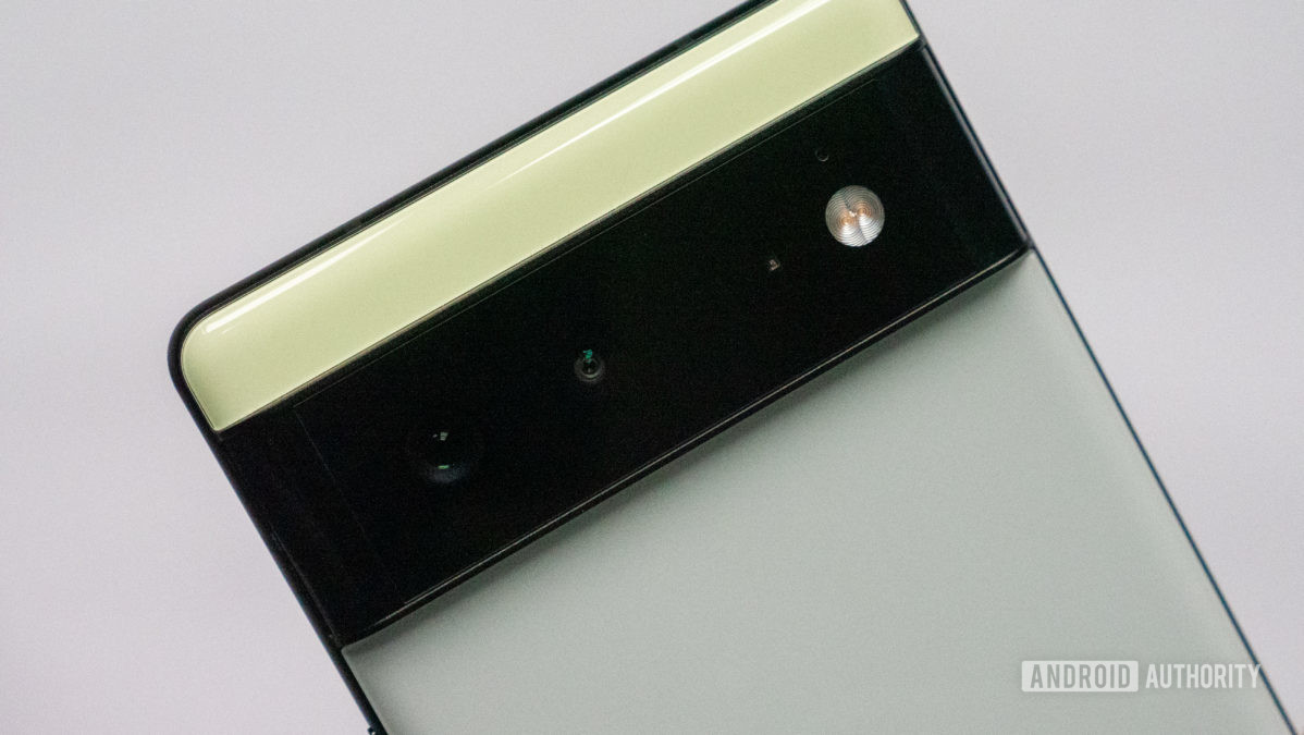 The Google Pixel 6 in Sorta Seafoam color camera bar up close