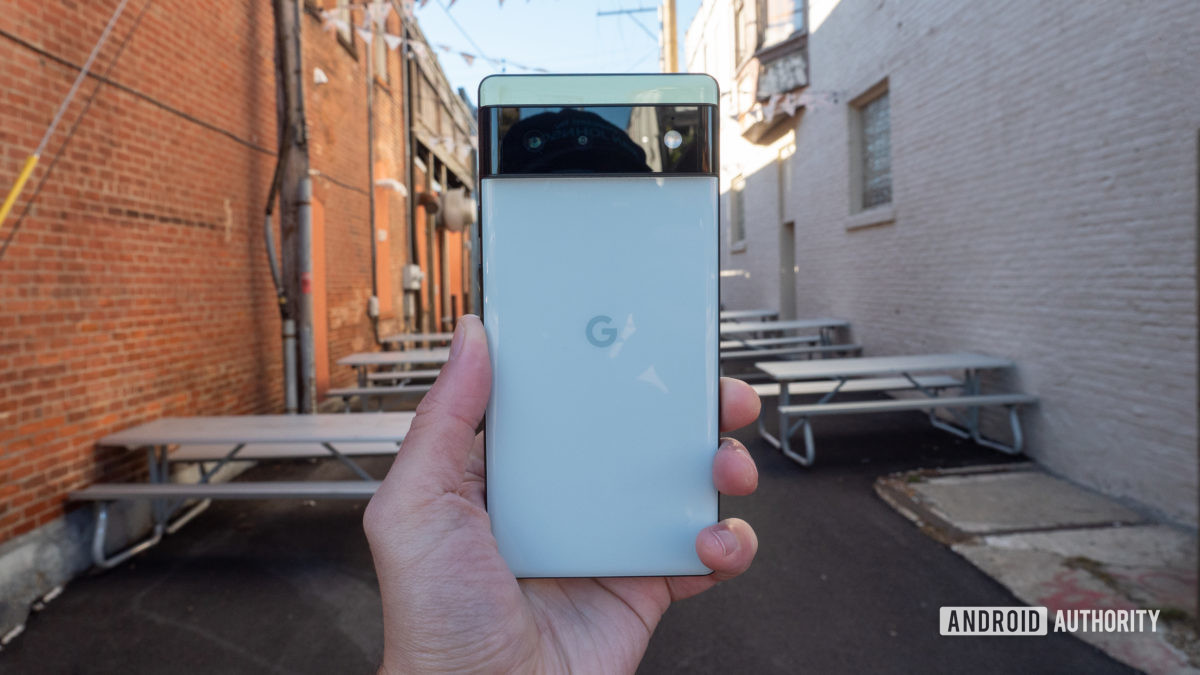 The Google Pixel 6 in Sorta Seafoam color in hand