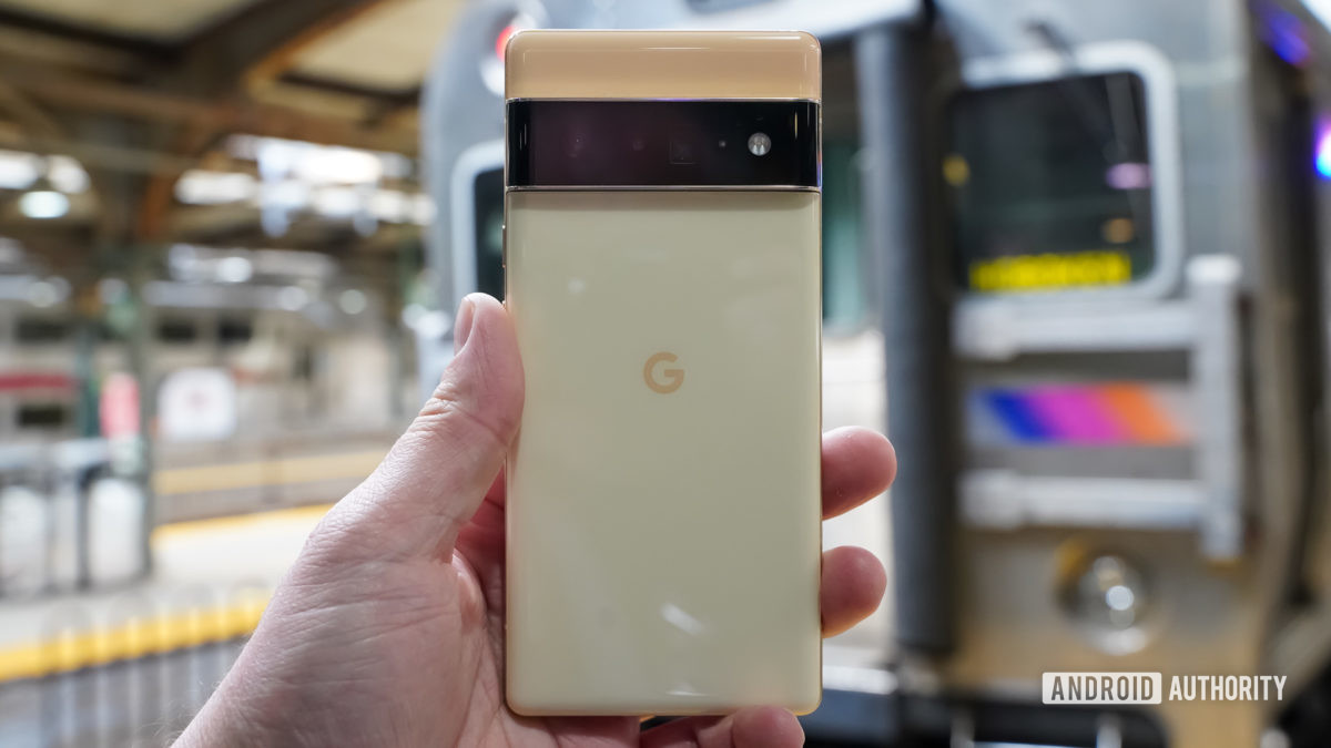 Google Pixel 6 Pro rear centered in front of train