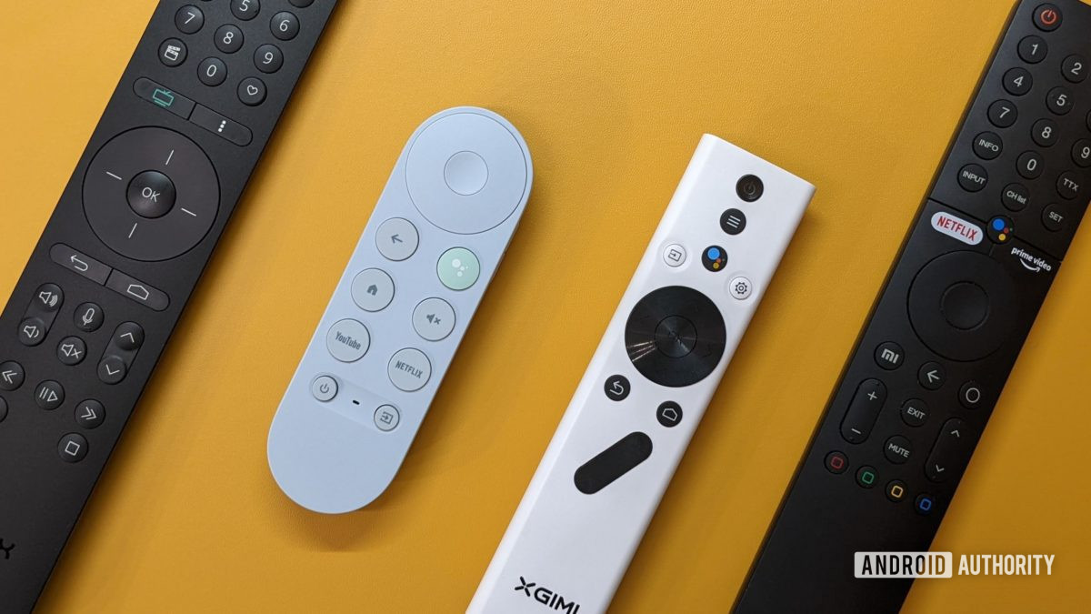 Four Android TV remotes on a yellow background, including Chromecast with Google TV remote