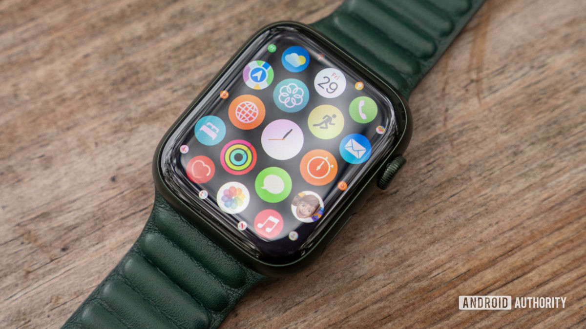 An image of the Apple Watch Series 7 on a table showing the all-apps screen