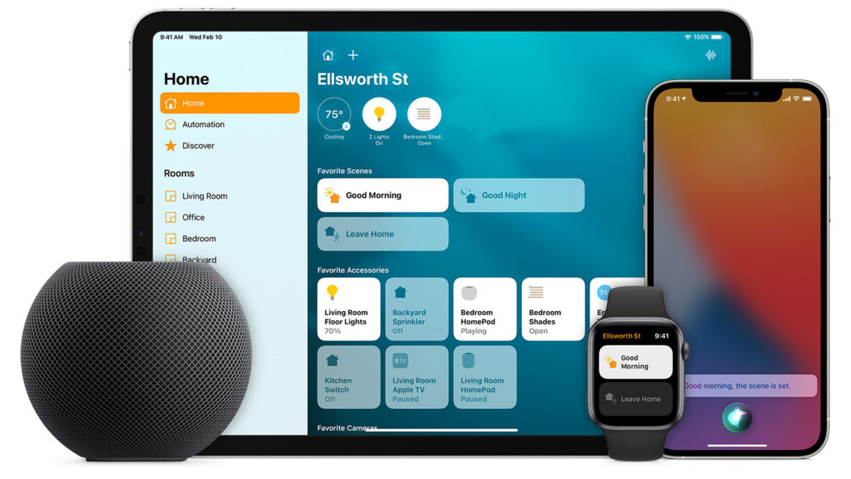 Apple HomeKit running on an iPhone, iPad, Apple Watch, and HomePod mini