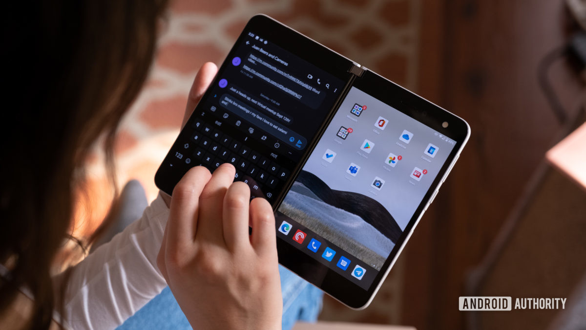 Microsoft Surface Duo using opened and typing