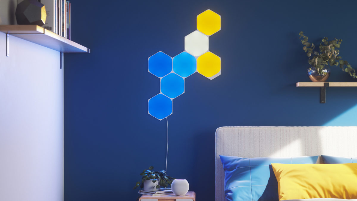 Nanoleaf Shapes panels in a bedroom