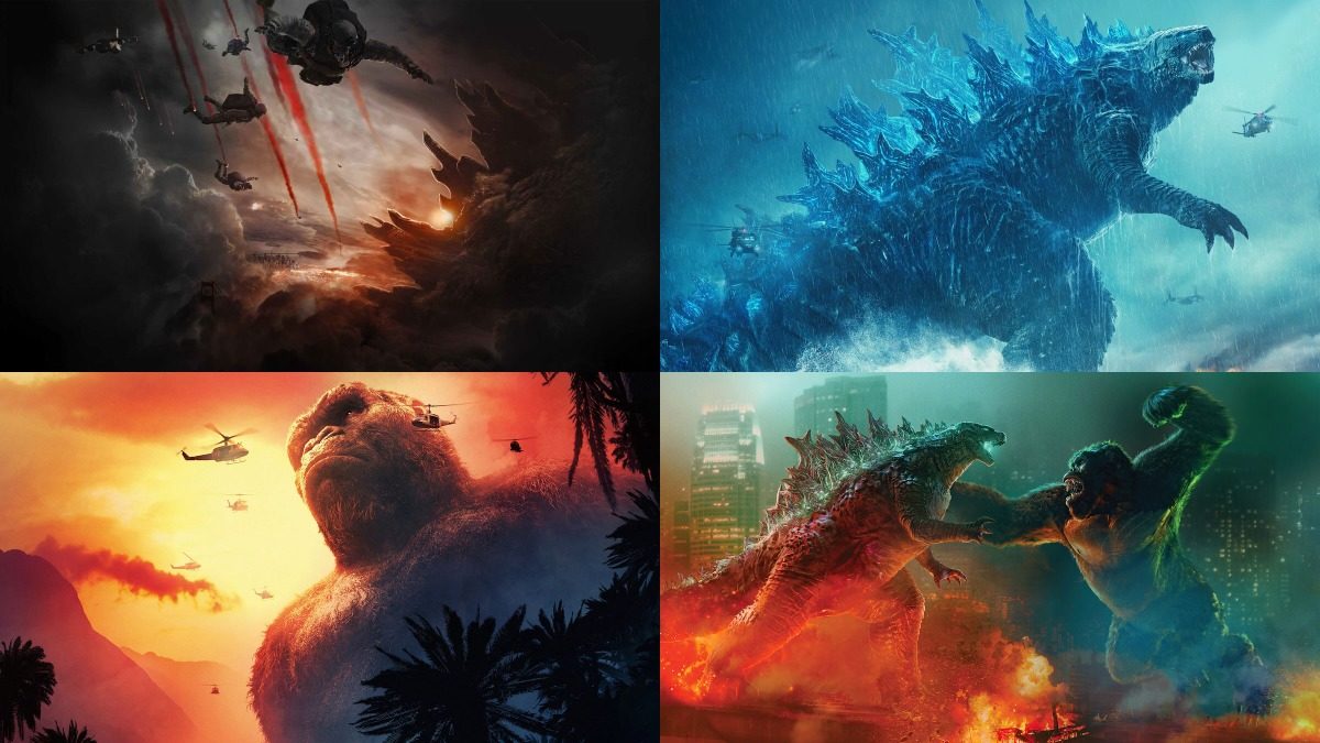 MonsterVerse poster collage: Godzilla, Kong: Skull Island, Godzilla: King of the Monsters, Godzilla vs. Kong