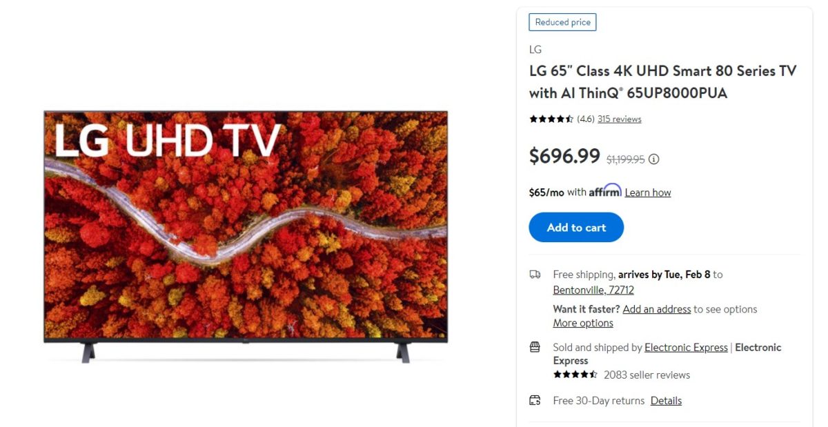 LG 65 inch 80 Series 4K UHD Smart TV Walmart Deal