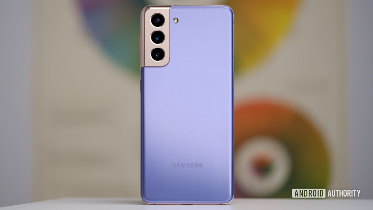 Samsung Galaxy S21 in violet showing rear with camera module