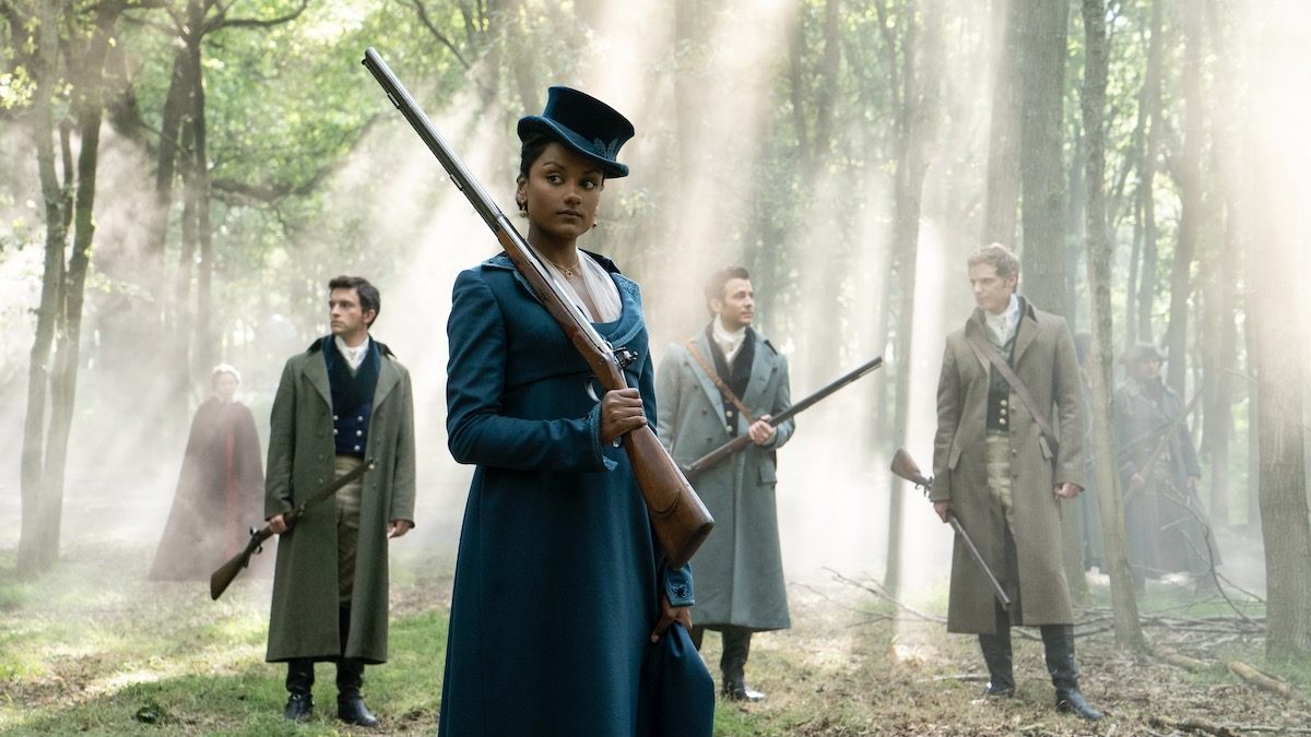 Simone Ashley out hunting with the men in Bridgerton season 2 - new on netflix in March