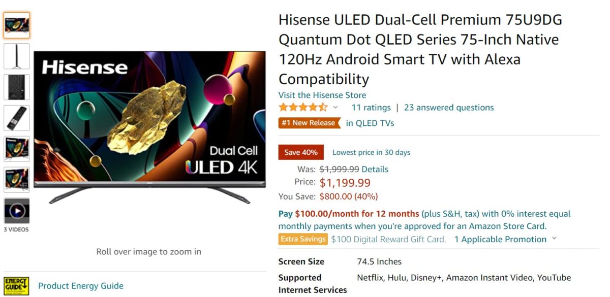 Hisense ULED Dual Cell Premium 75U9DG Quantum Dot QLED Series 75 Inch Native 120Hz Android Smart TV Amazon Deal