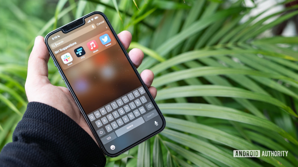 iPhone 13 Pro in hand with search and keyboard