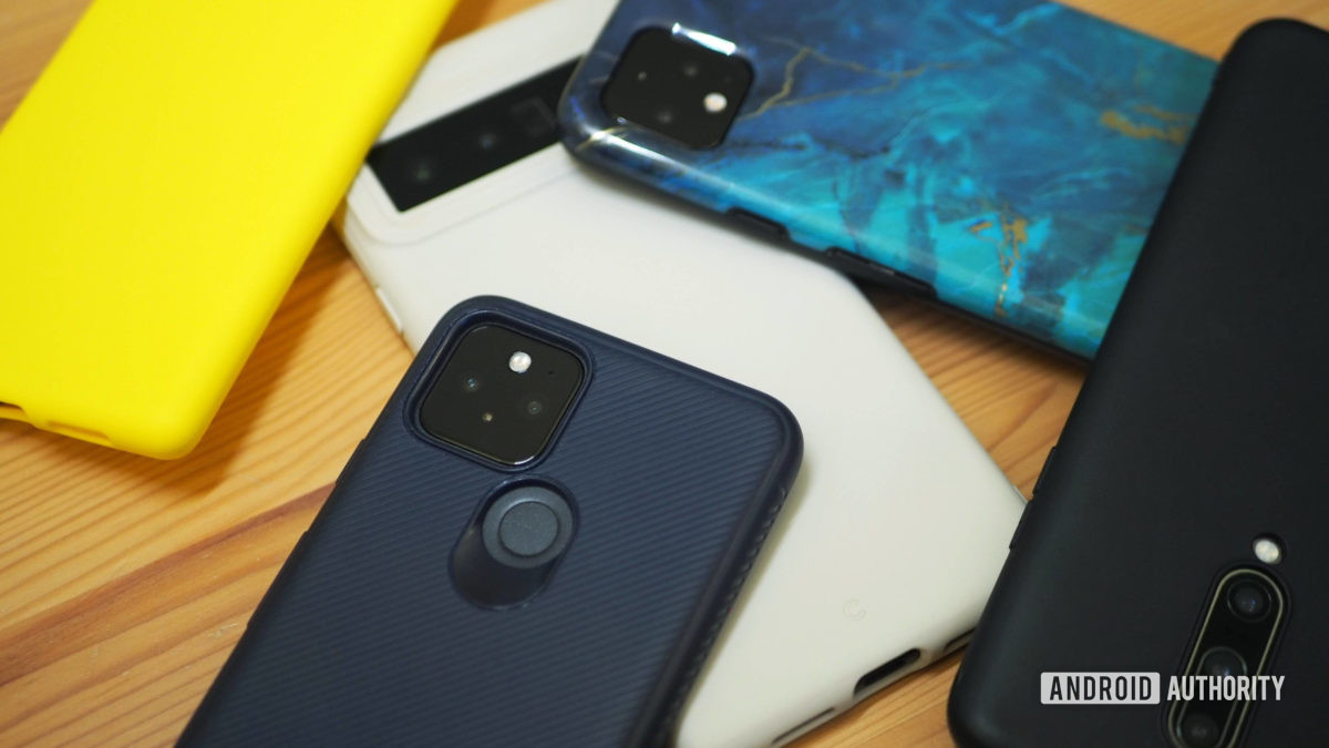 A collection of TPU phone cases in yellow, cream, navy, black, and marble green.