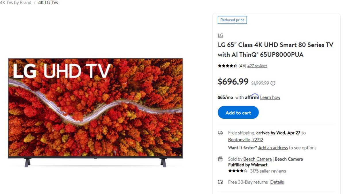 LG 65 inch Class 4K UHD Smart 80 Series TV Walmart Deal 1