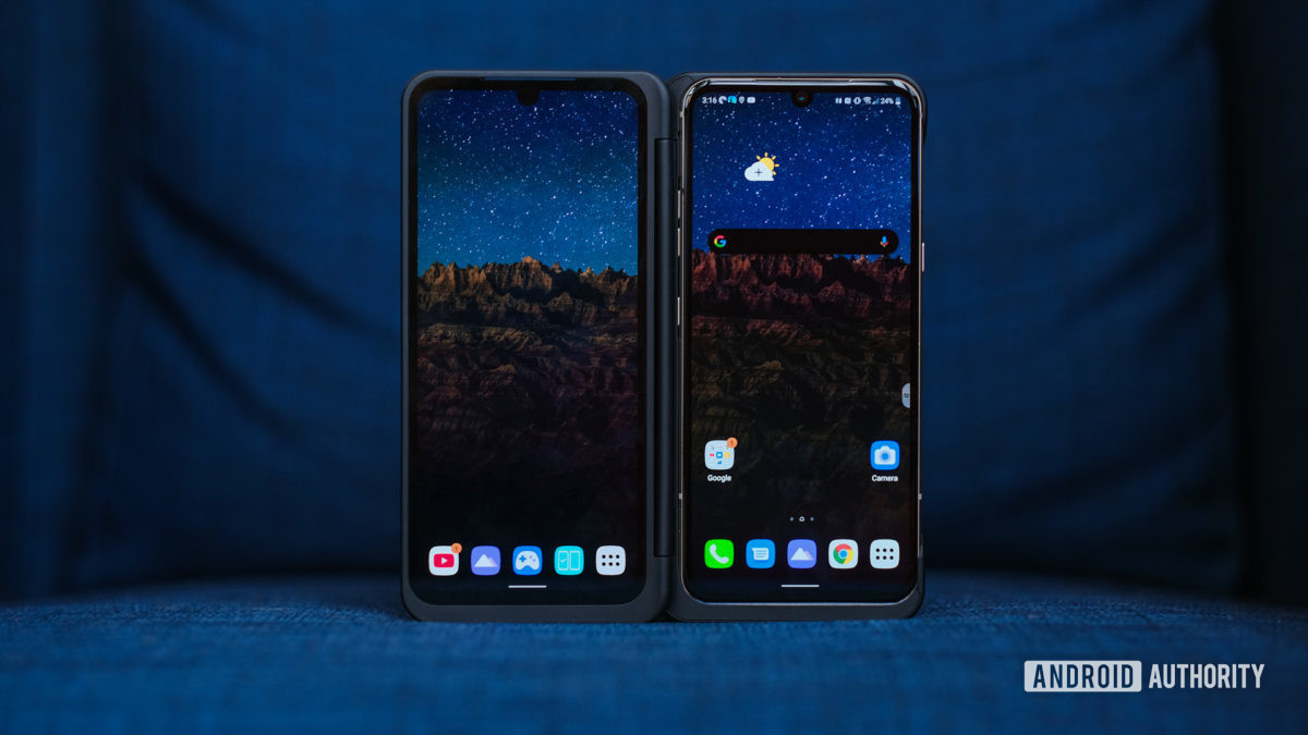 LG V60 dual screen open on chair 