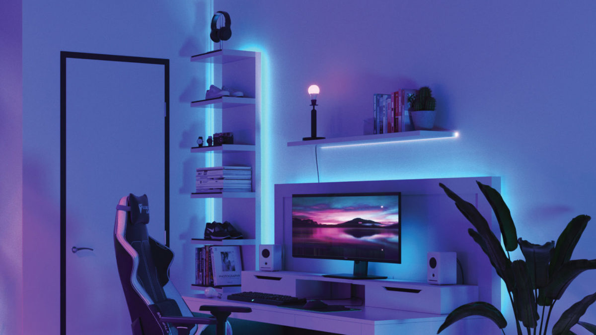 Nanoleaf Essentials Bulbs and Lightstrips Purple in a room with a desk and chair