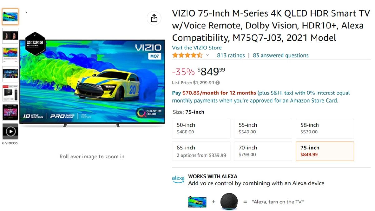 Vizio 75 Inch M Series 4K QLED HDR Smart TV Amazon Deal