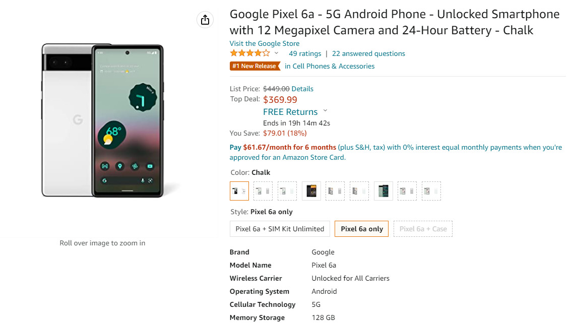 Pixel 6a amazon august 2022